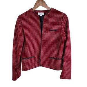 Vintage Charlotte Ford Womens Houndstooth Wool Open Blazer size 10 Red Black